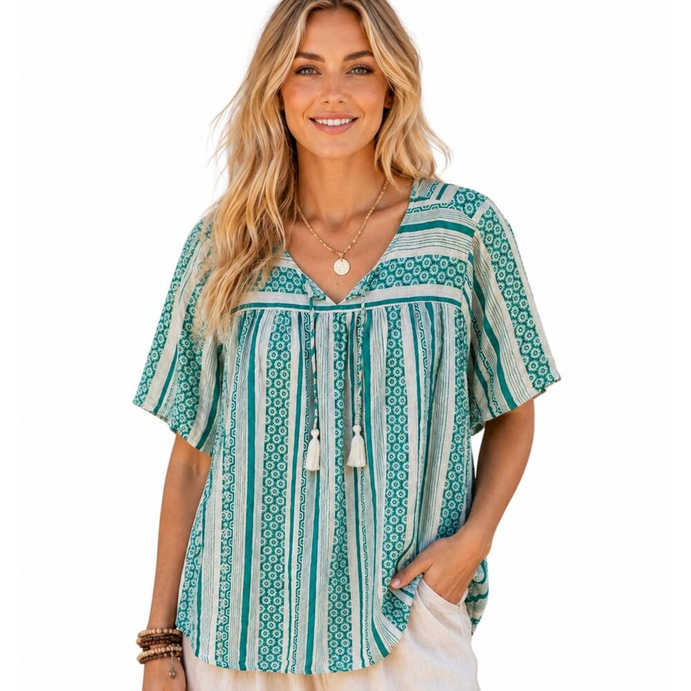 D&Co Naturals Peasant Top Womns Large Teal White Tassels Linen Blend Boho